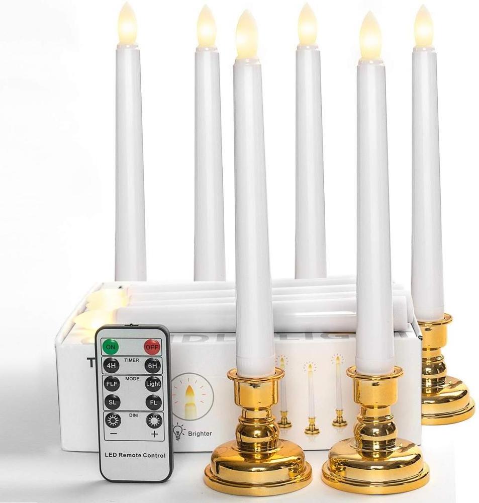 Set of 6 Flameless Battery Operated LED White Taper Window Candles with Timer, Removable Gold Candle Stands With Remote Control