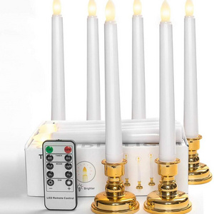 Set of 6 Flameless Battery Operated LED White Taper Window Candles with Timer, Removable Gold Candle Stands With Remote Control