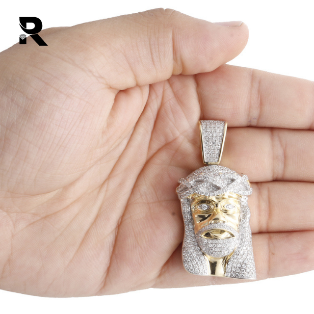 Loose Lab Diamond 2.60 Carat 10K Yellow Gold Round Cut Diamond Jesus Face Crown Head Pendant