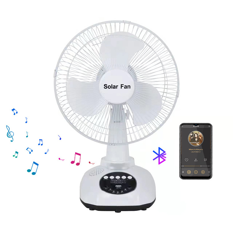 HS-T98 Portable solar fan 12w 12inch solar fan kit with 2A Adaptive Charger light bulb and FM/radio music blue tooth speaker