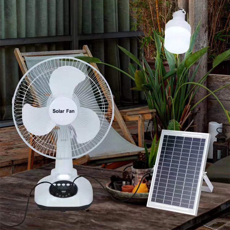 HS-T98 Portable solar fan 12w 12inch solar fan kit with 2A Adaptive Charger light bulb and FM/radio music blue tooth speaker