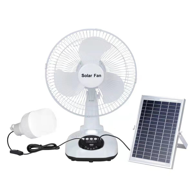 HS-T98 Portable solar fan 12w 12inch solar fan kit with 2A Adaptive Charger light bulb and FM/radio music blue tooth speaker