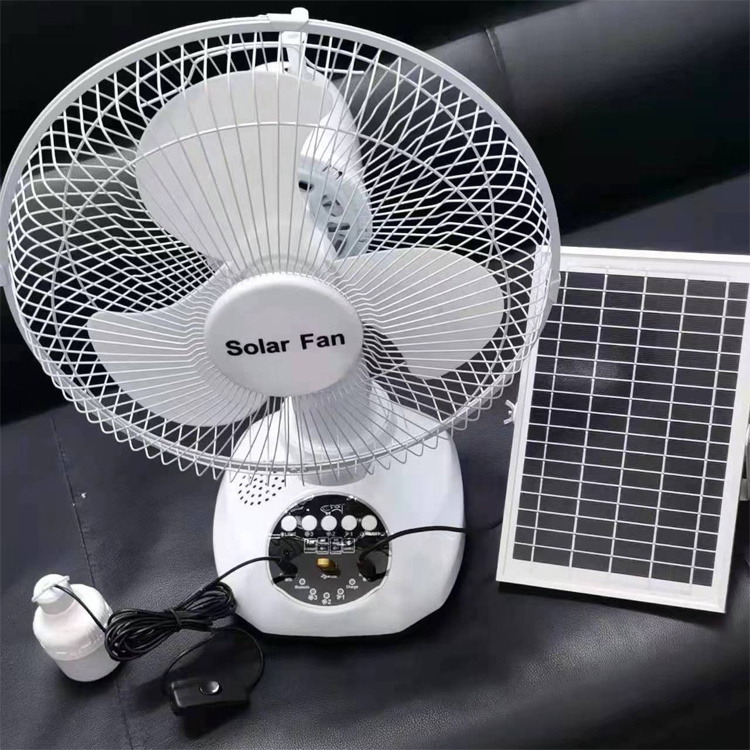 HS-T98 Portable solar fan 12w 12inch solar fan kit with 2A Adaptive Charger light bulb and FM/radio music blue tooth speaker