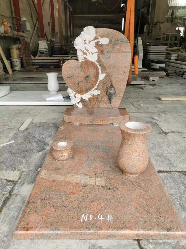 Natural red granite monuments tombstone gravestone heart design headstone with granite vases