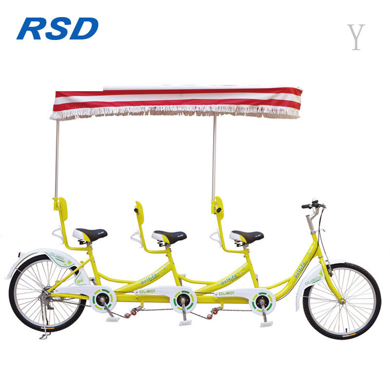 3 seaters row bike for 3 person riding on/yellow color tandem bike for rental/hand brake control bicycle