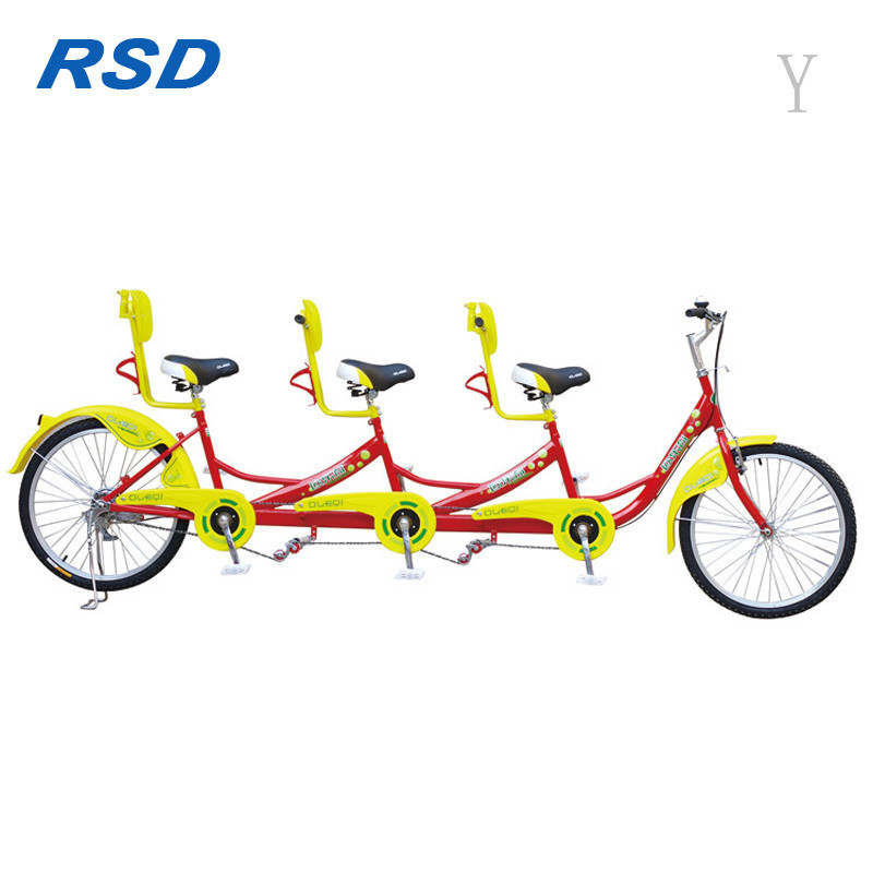 3 seaters row bike for 3 person riding on/yellow color tandem bike for rental/hand brake control bicycle