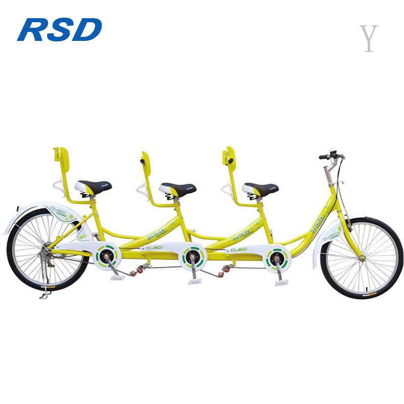 3 seaters row bike for 3 person riding on/yellow color tandem bike for rental/hand brake control bicycle