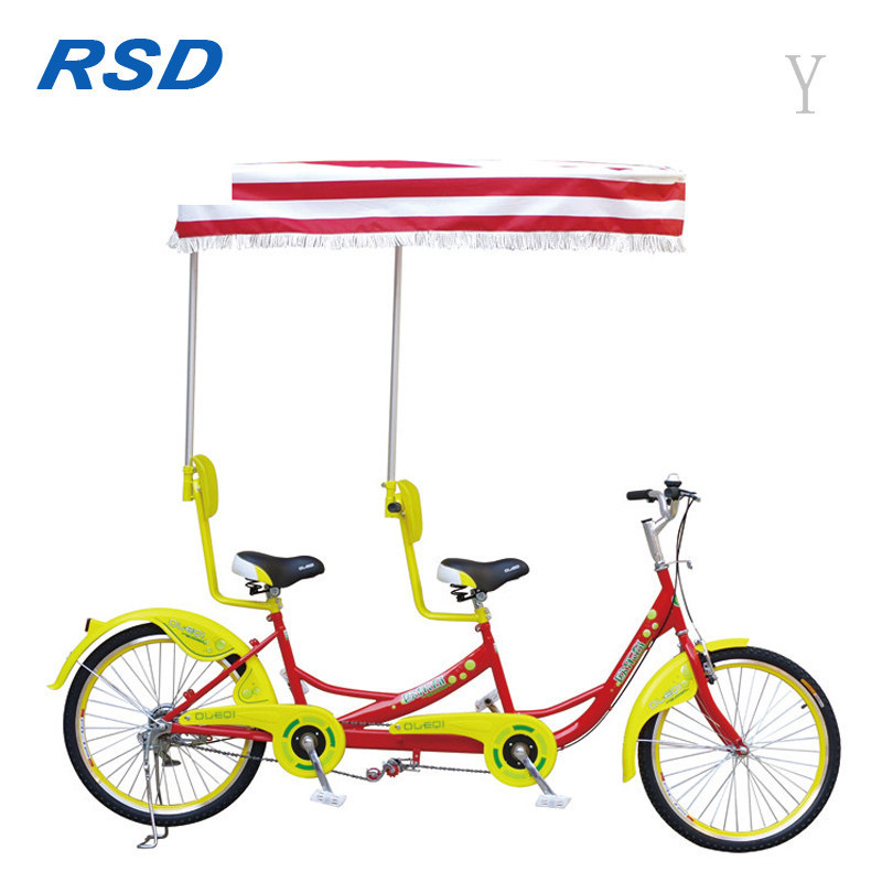 3 seaters row bike for 3 person riding on/yellow color tandem bike for rental/hand brake control bicycle