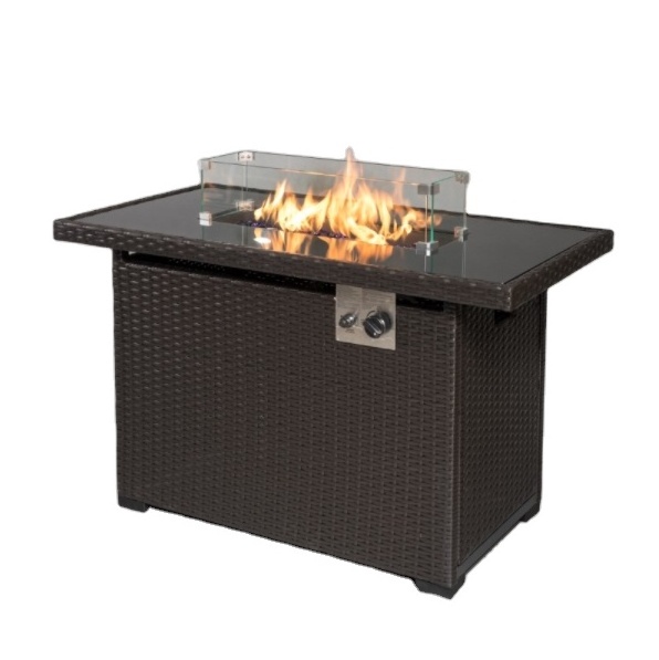 RS-R43006B Rattan look glass tabletop Outdoor Patio Gas propane Fire Pit table with windshield cover and lid fire bowl