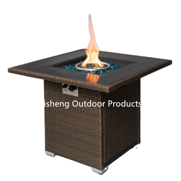 rattan-look square glass desktop Outdoor Propane stove Gas Fire Pit table with cover gas fireplace indoor