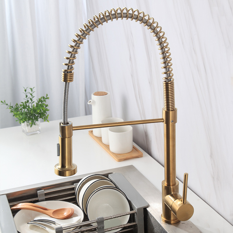 Bushed Gold Knurled Kitchen Faucets with Pull Down Sprayer Brass Single Handle One Hole Faucet