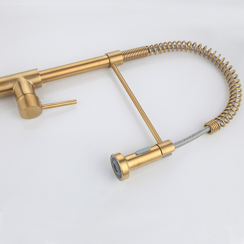 Bushed Gold Knurled Kitchen Faucets with Pull Down Sprayer Brass Single Handle One Hole Faucet