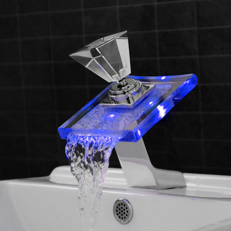 LED Waterfall Faucet Bathroom Color-changing Bathroom Basin Faucet Glass Hot and Cold Mixer Basin Lavatory Faucet