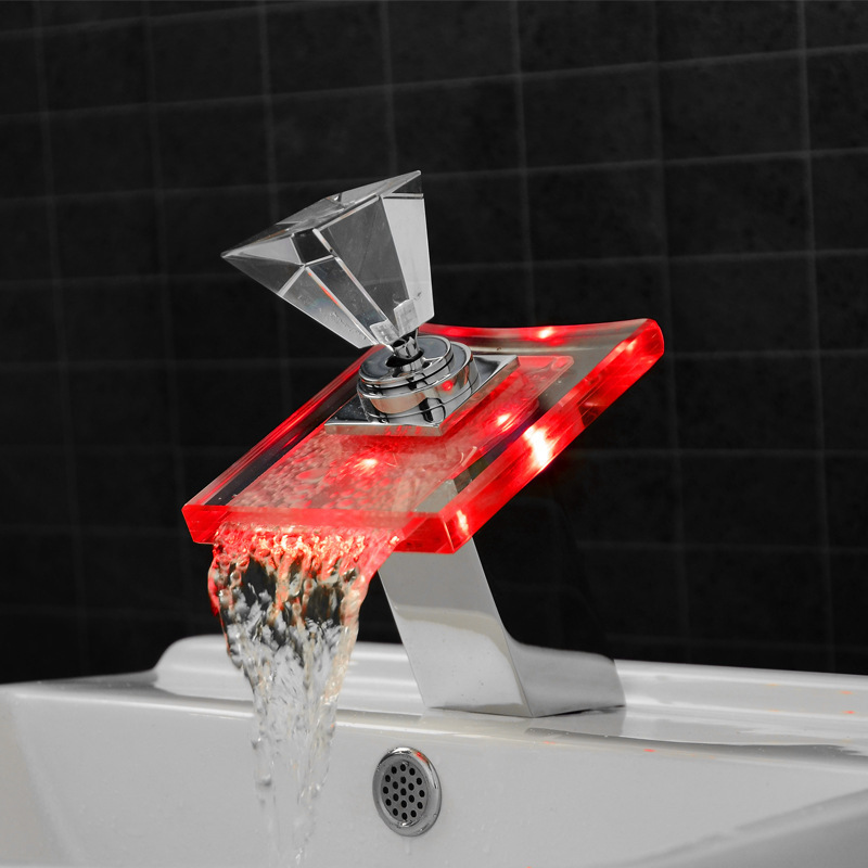 LED Waterfall Faucet Bathroom Color-changing Bathroom Basin Faucet Glass Hot and Cold Mixer Basin Lavatory Faucet