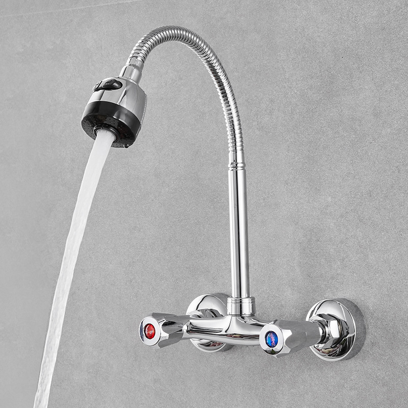 Dual Handle Wall Mounted Knurled Kitchen Mixer Faucet Two Holes Chrome Cold and Hot Water Taps Lavatory Faucet