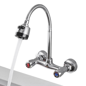 Dual Handle Wall Mounted Knurled Kitchen Mixer Faucet Two Holes Chrome Cold and Hot Water Taps Lavatory Faucet