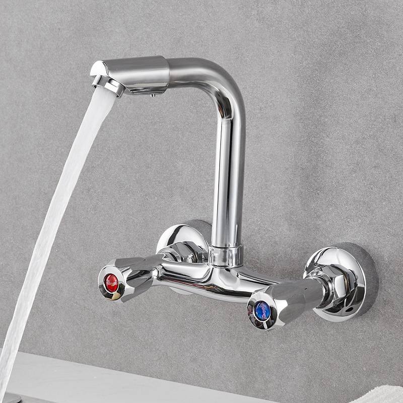 Dual Handle Wall Mounted Knurled Kitchen Mixer Faucet Two Holes Chrome Cold and Hot Water Taps Lavatory Faucet