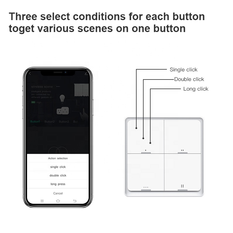 Tuya ZigBee Smart Scene Switch Battery Operated 4 Button 16 Scenario Light Controller Wireless Remote 4 Gang Scene Switch Panel