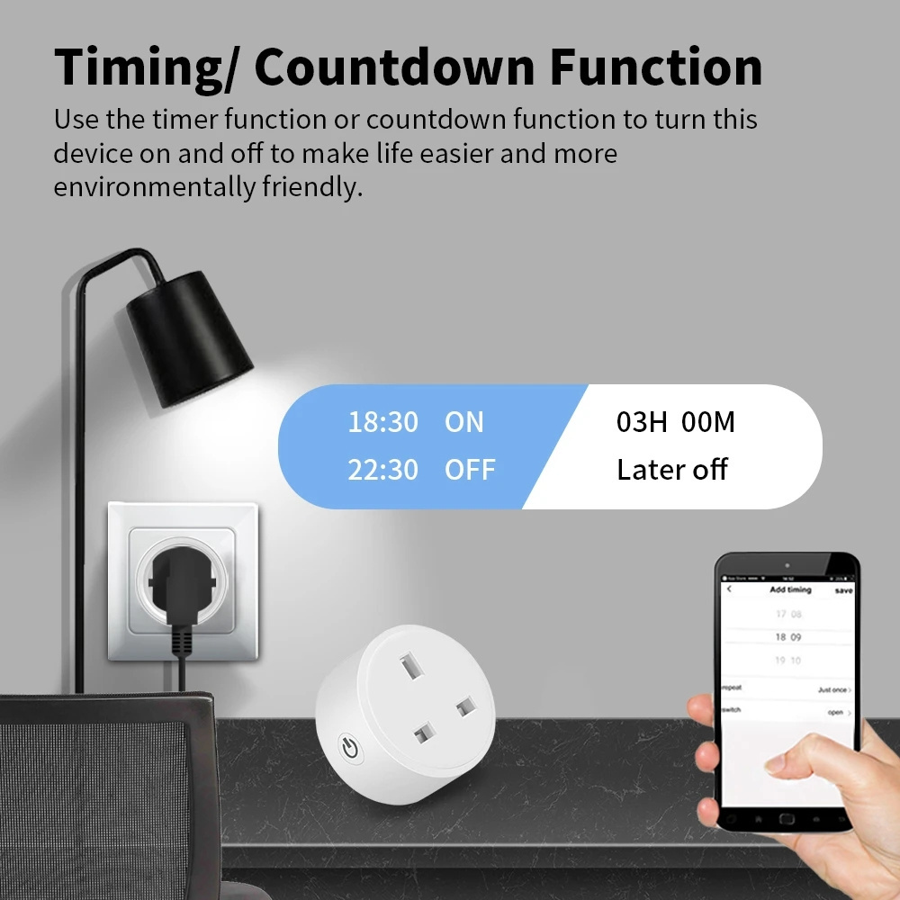 RSH UK Smart Plug Outlet Energy Monitoring Timer APP Voice Control Tuya Alexa Google Home WiFi Smart Power Socket