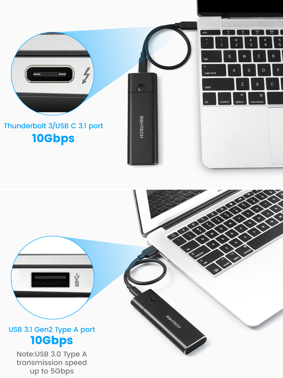 RSHTECH M.2 NVME SATA SSD Enclosure Adapter 10Gbps USB 3.2 Gen 2 to NVME PCI-E SATA M-Key Solid State Drive External Enclosure