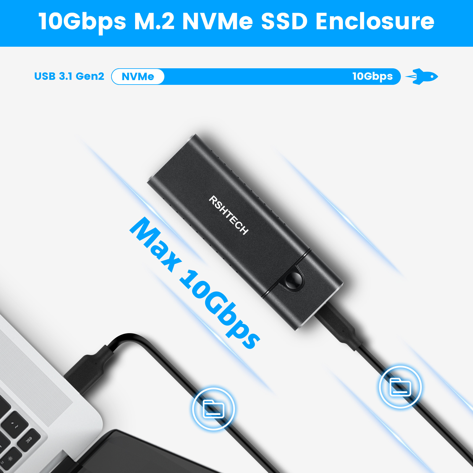 RSHTECH M.2 NVME SATA SSD Enclosure Adapter 10Gbps USB 3.2 Gen 2 to NVME PCI-E SATA M-Key Solid State Drive External Enclosure