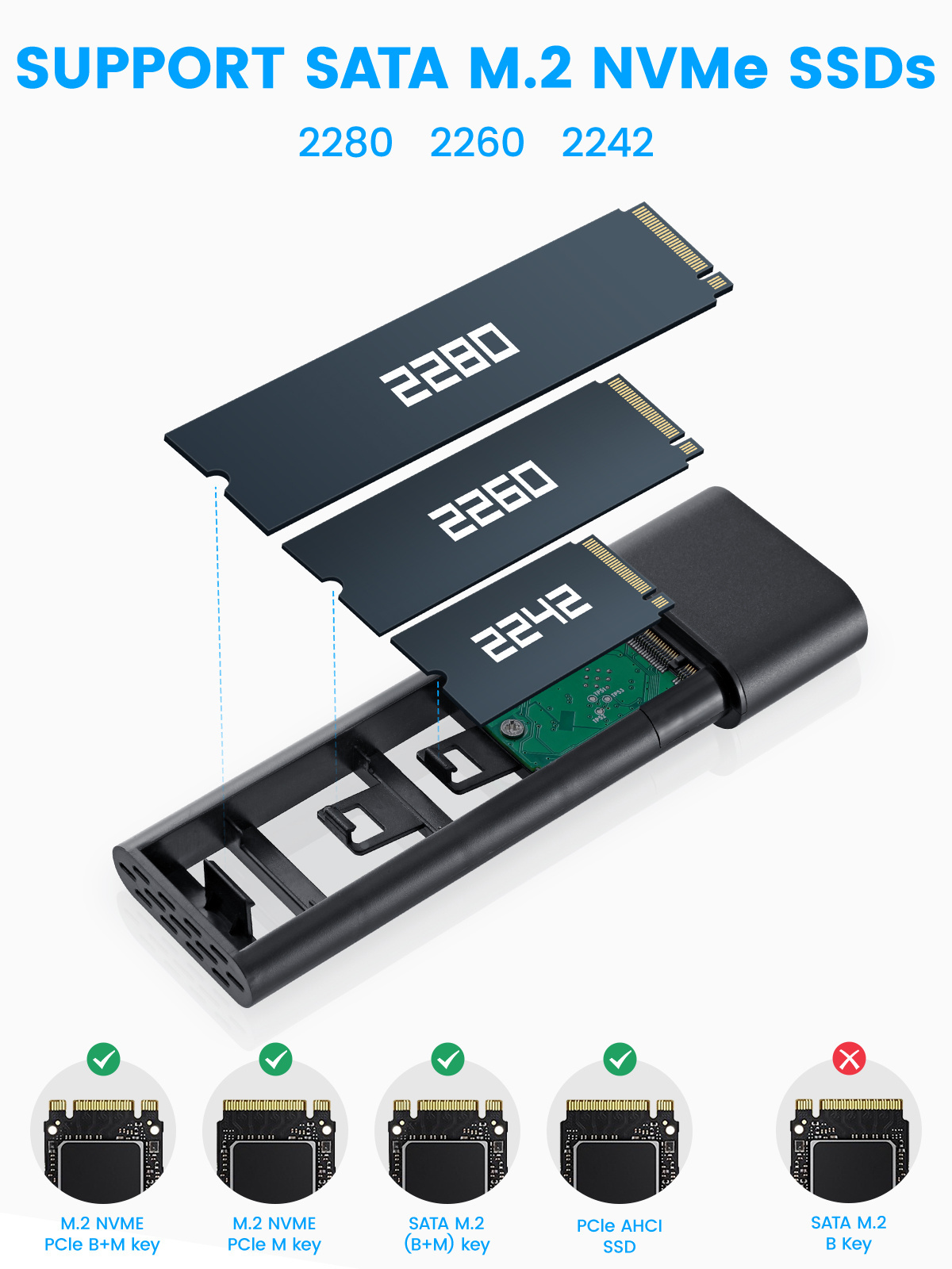 RSHTECH M.2 NVME SATA SSD Enclosure Adapter 10Gbps USB 3.2 Gen 2 to NVME PCI-E SATA M-Key Solid State Drive External Enclosure