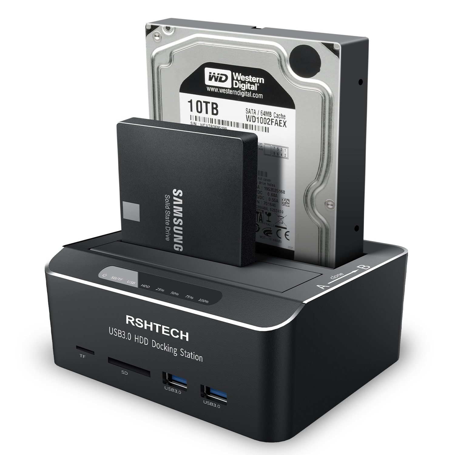 RSHTECH HDD Docking Station with SD/TF Card Reader 20TB USB 3.0  for 2.5'' and 3.5'' SATA SSD/HDD Hard drive case Enclosure