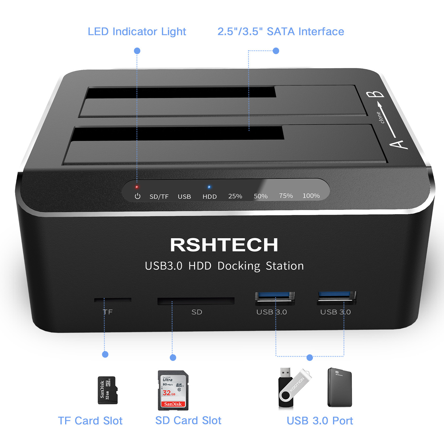 RSHTECH HDD Docking Station with SD/TF Card Reader 20TB USB 3.0  for 2.5'' and 3.5'' SATA SSD/HDD Hard drive case Enclosure