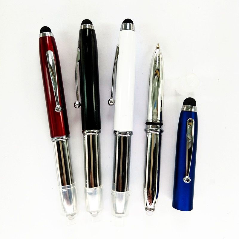 Push Action Led flashlight Torch customized laser engraved logo Aluminium Metal Touch screen Stylus Ball Point Pen