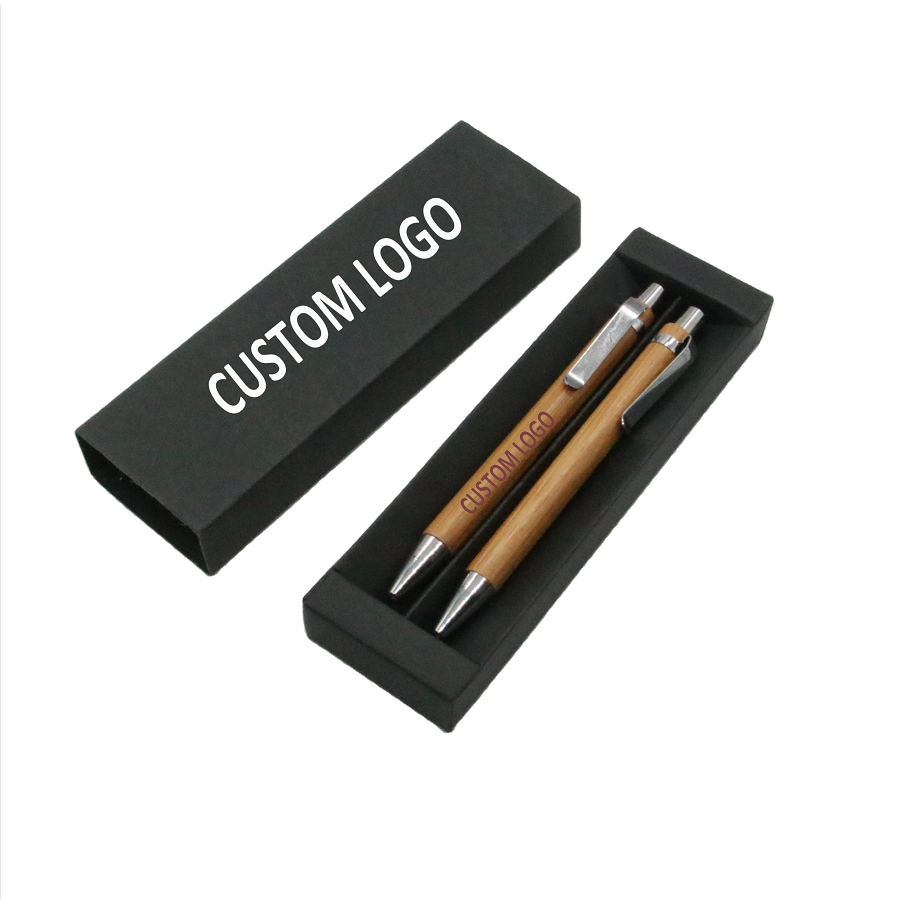 customized promotional gift wood bamboo ballpoint pen sets-2 bamboo pen in one kraft paper box pen sets