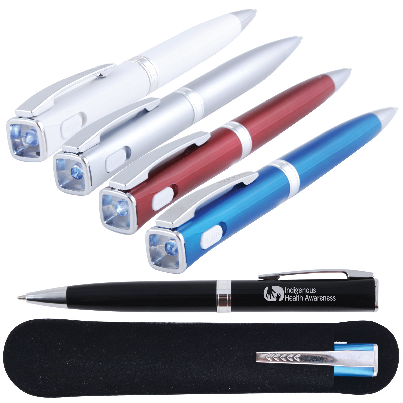 Silver Black Red Blue White Led light Torch Ballpoint Pen