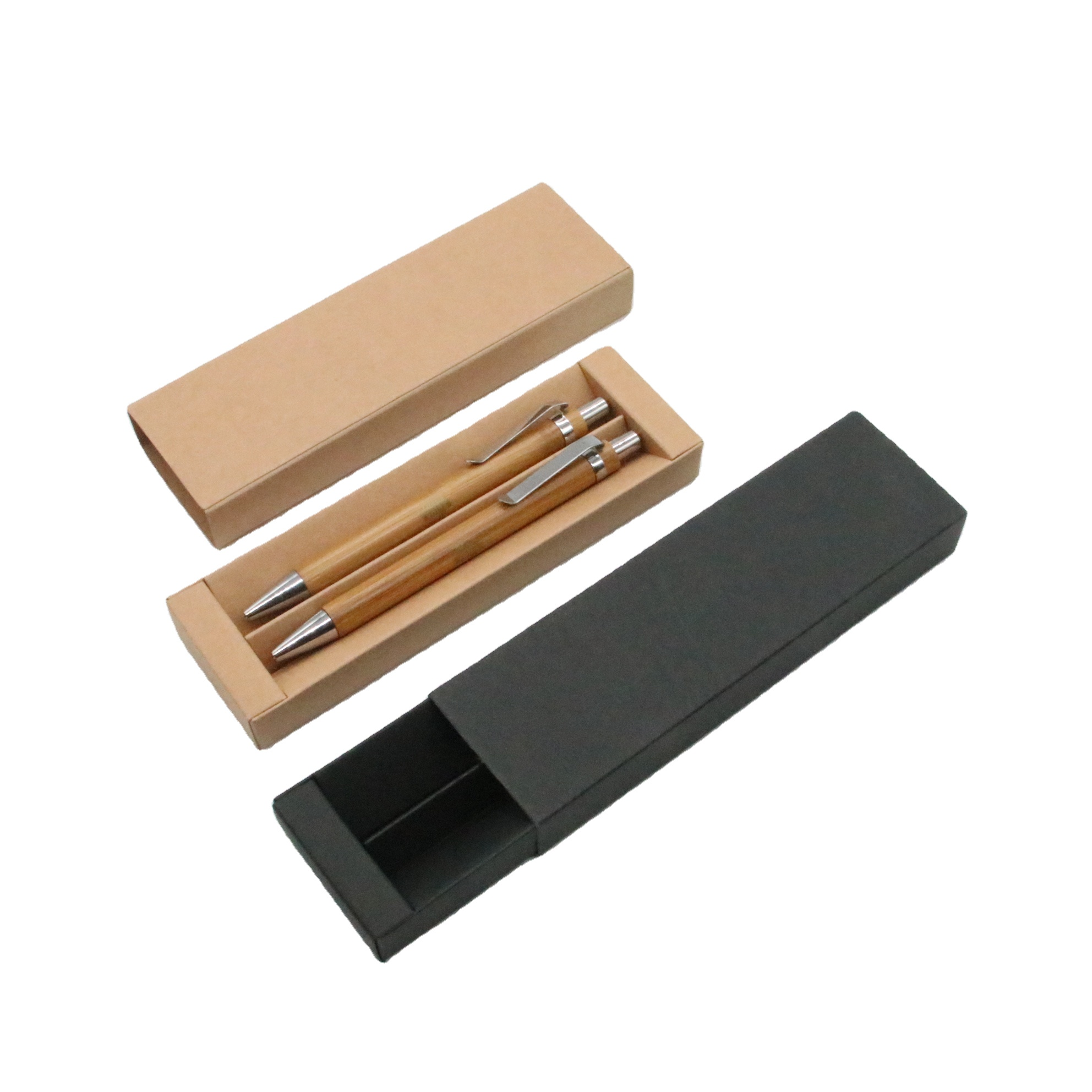 customized promotional gift wood bamboo ballpoint pen sets-2 bamboo pen in one kraft paper box pen sets