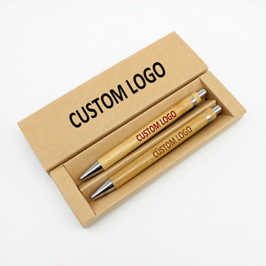 customized promotional gift wood bamboo ballpoint pen sets-2 bamboo pen in one kraft paper box pen sets