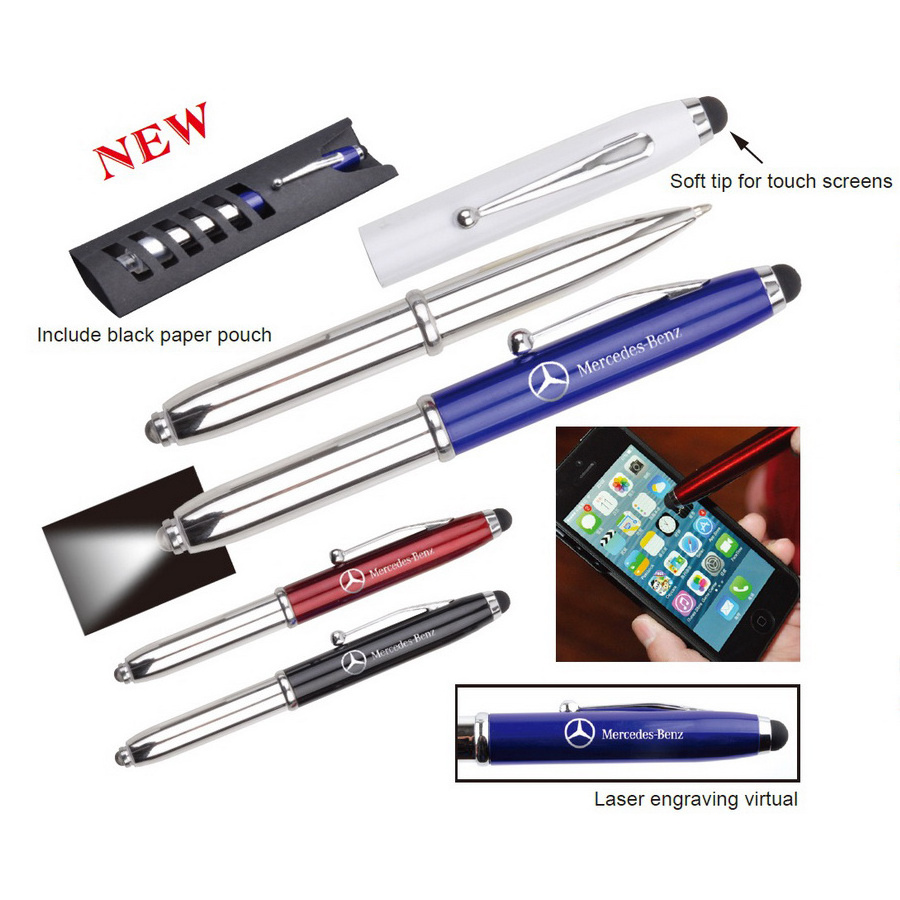 Push Action Led flashlight Torch customized laser engraved logo Aluminium Metal Touch screen Stylus Ball Point Pen