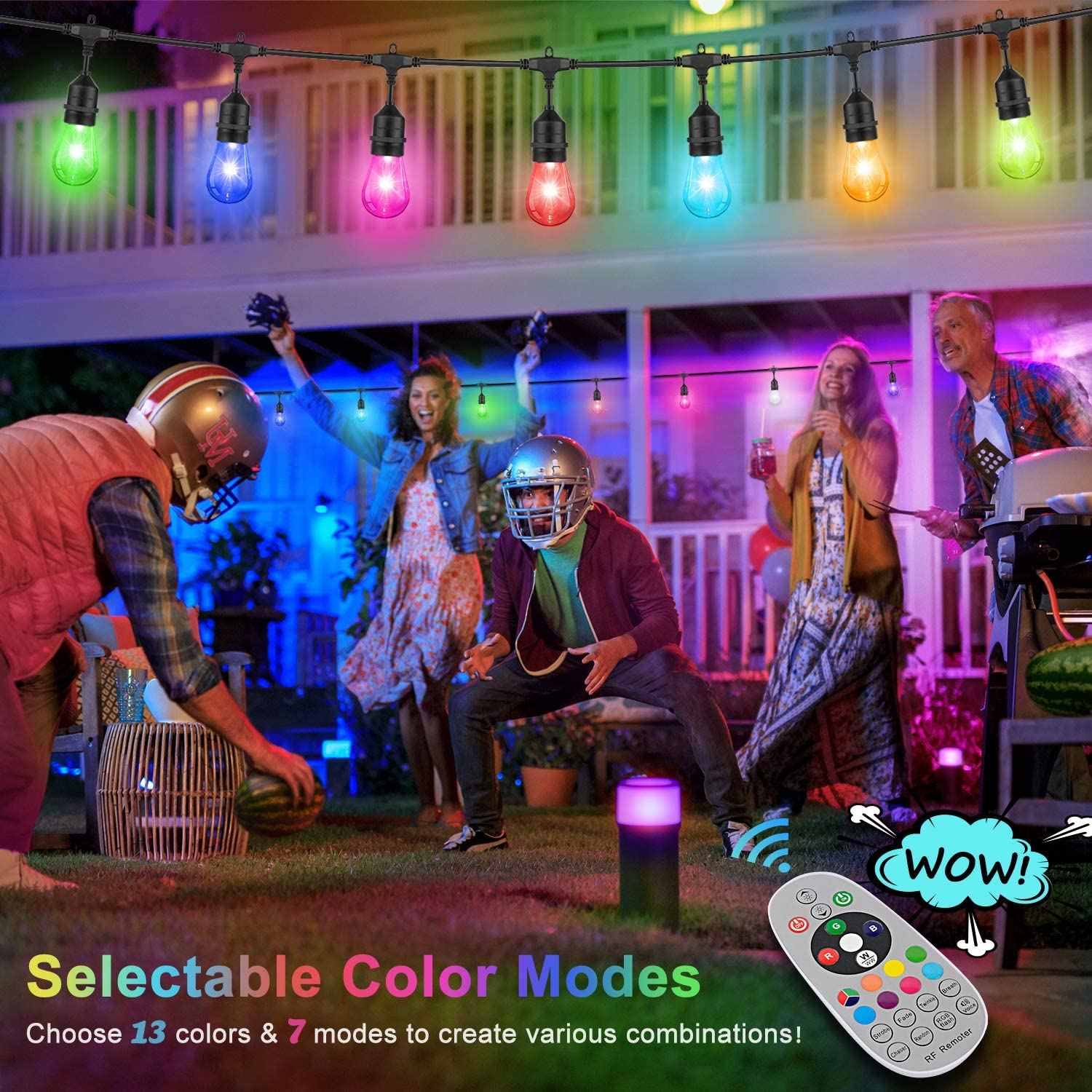 48FT RGBW Outdoor String Lights Weatherproof Remote Control Color Changing Cafe String Lights with S14 Shatterproof Bulbs