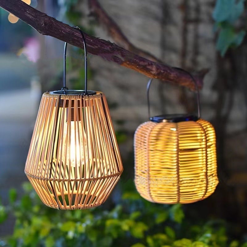 Solar Lantern Outdoor Waterproof Retro Rattan Lantern with Handle Outdoor rattan pendant Warm LED Lanterns Edison Bulb