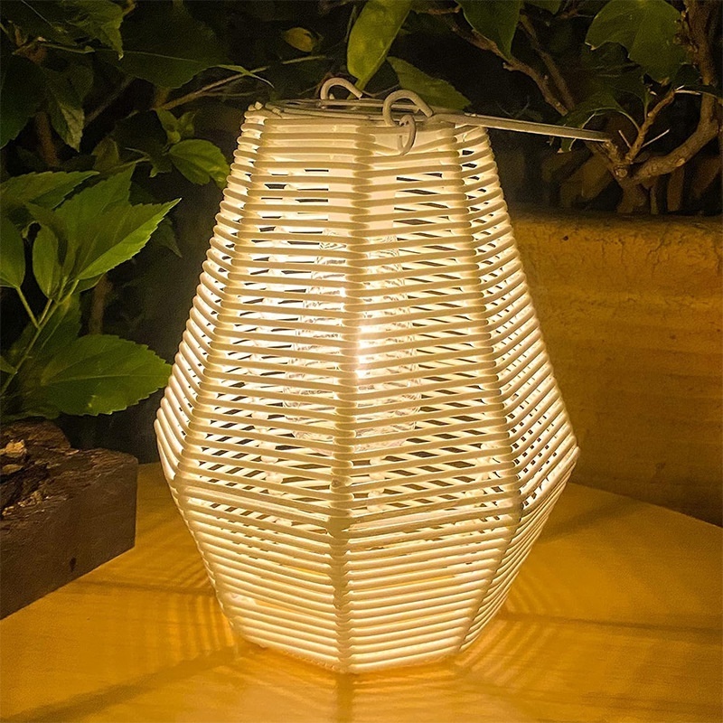 Solar Lantern Outdoor Waterproof Retro Rattan Lantern with Handle Outdoor rattan pendant Warm LED Lanterns Edison Bulb