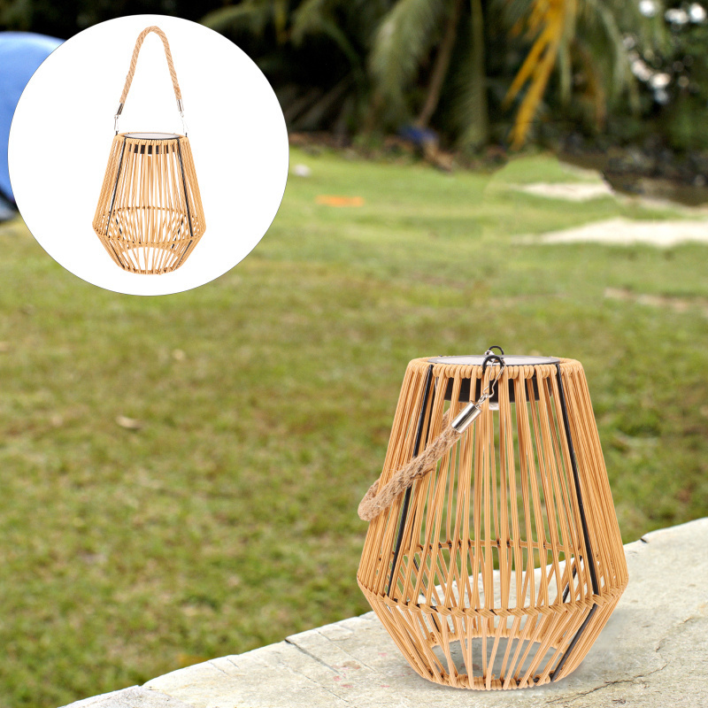 Garden Outdoor Solar Column Shaped Rattan Basket Lantern Lights Hanging For Home Decorative