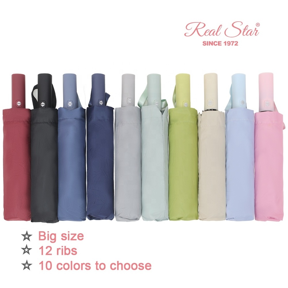 RST plain color 12 ribs 3 fold auto umbrella big size 46 inches folding umbrella