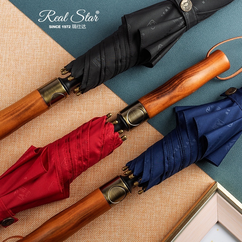 RST Real Star custom luxury wood handle straight long 210T golf umbrella 54 inches big size strong windproof umbrella