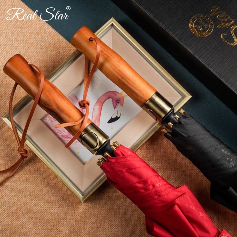 RST Real Star custom luxury wood handle straight long 210T golf umbrella 54 inches big size strong windproof umbrella