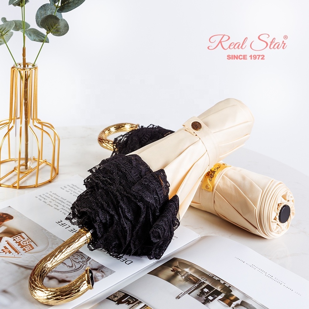 RST Real Star high end luxury lady umbrella lace high quality gift fold diamond like handle umbrella