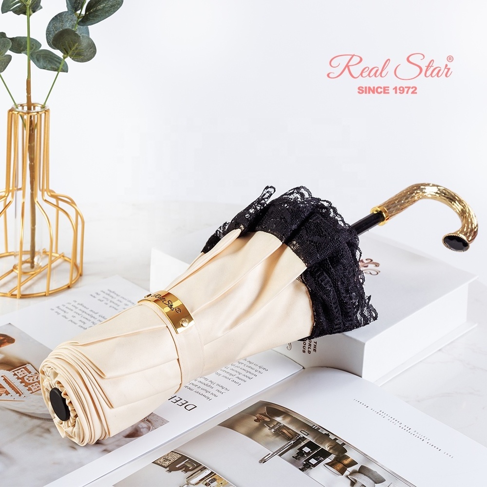 RST Real Star high end luxury lady umbrella lace high quality gift fold diamond like handle umbrella