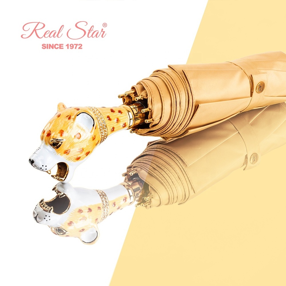 RST Real Star high end luxury lady umbrella high quality gift fold leopard handle umbrella