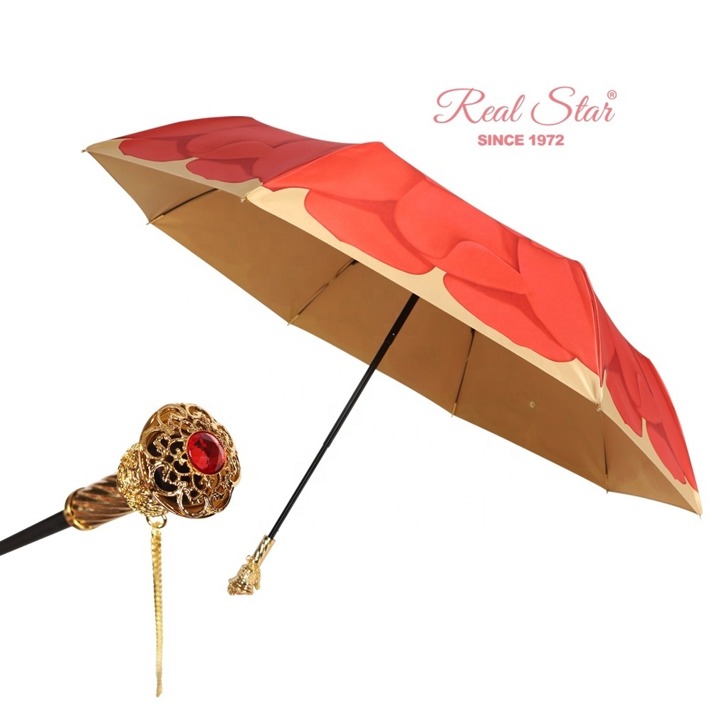 RST Real Star high end luxury fold umbrella gold handle flower printing beautiful lady umbrella