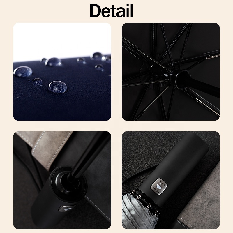 RST 23 inches 10 panels plain full-automatic 3 folding umbrella  uv-resistant black coated anti bounce umbrella