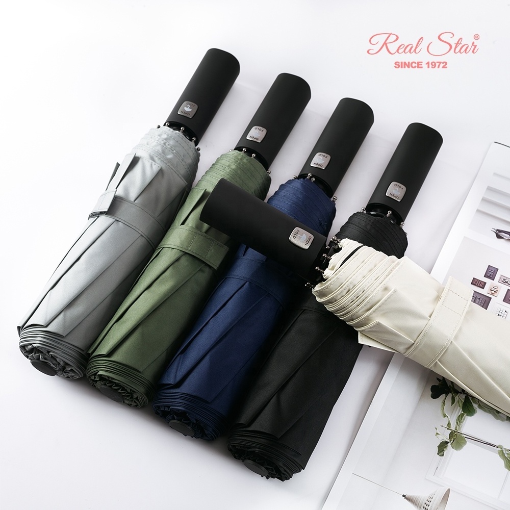 RST 23 inches 10 panels plain full-automatic 3 folding umbrella  uv-resistant black coated anti bounce umbrella