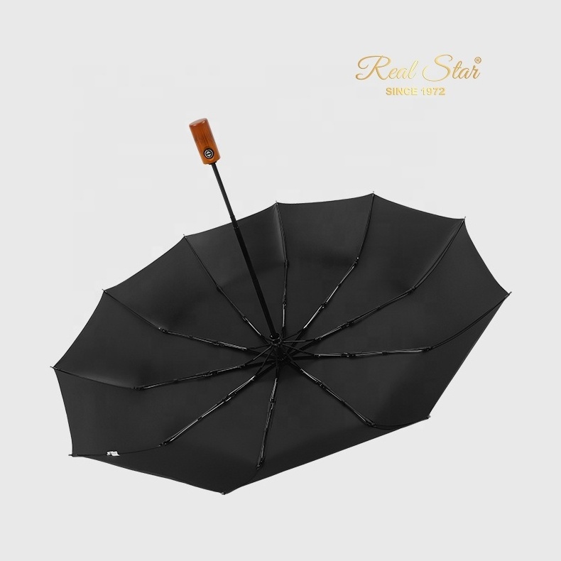 High quality wood handle fold automatic man umbrella logo printing custom UV protect folding umbrella