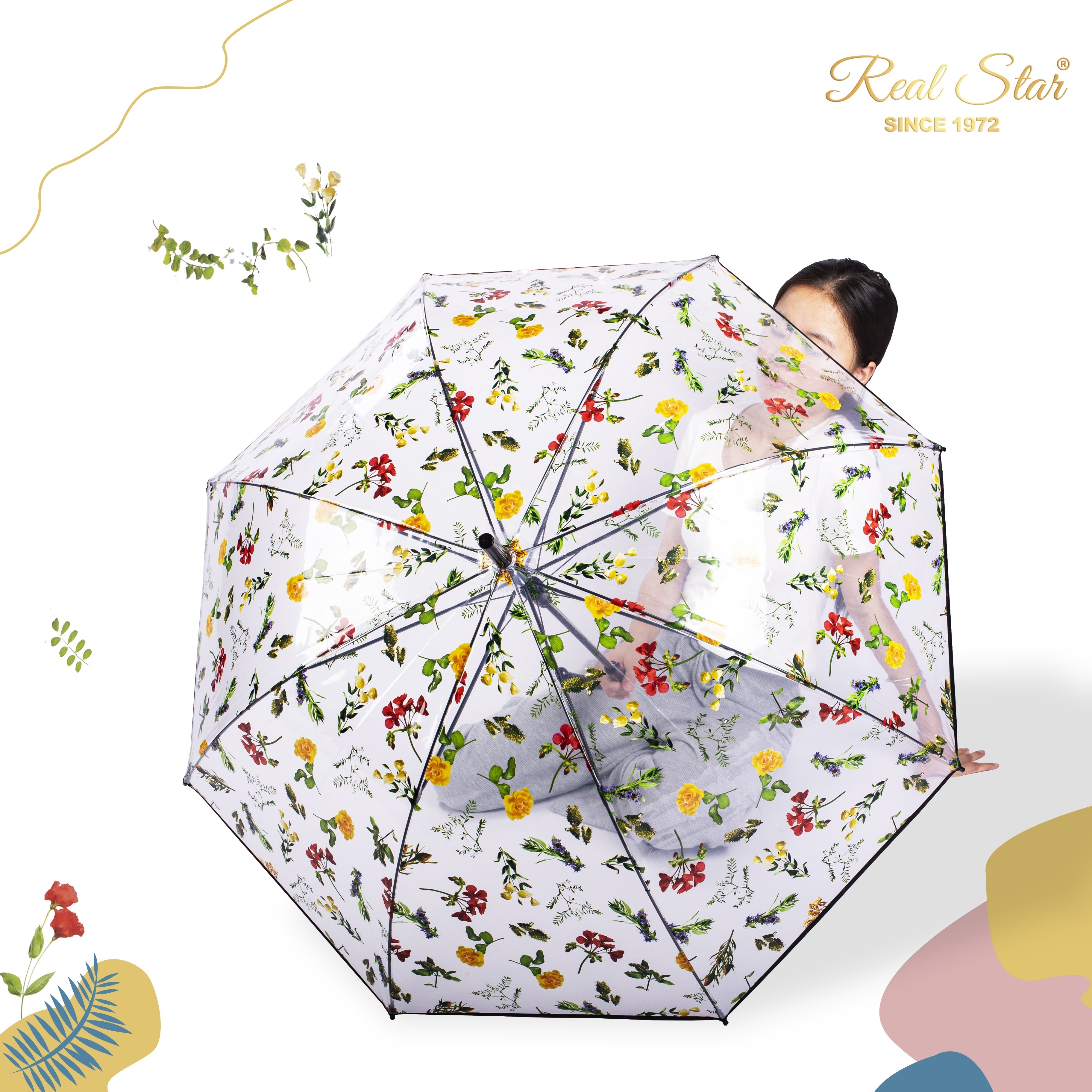 RST new arrival flower printing woman clear umbrella transparent girl umbrella