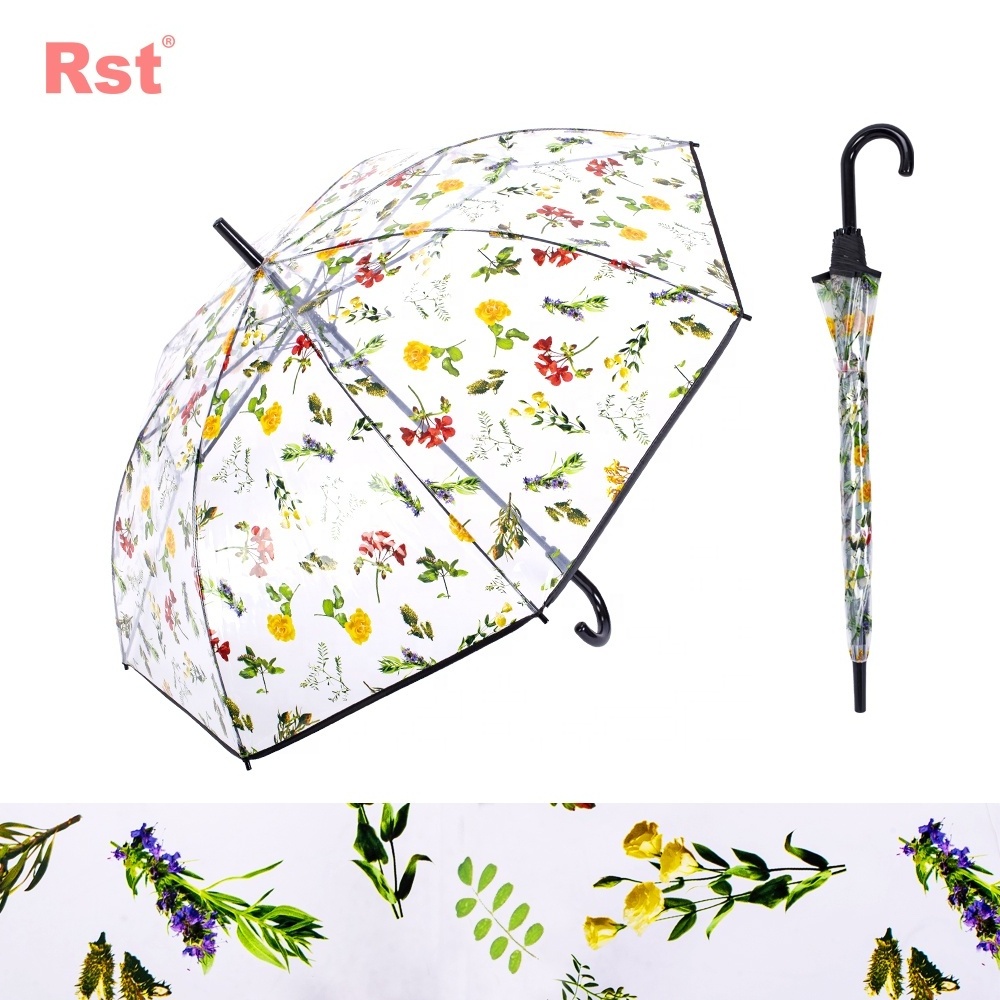 RST new arrival flower printing woman clear umbrella transparent girl umbrella